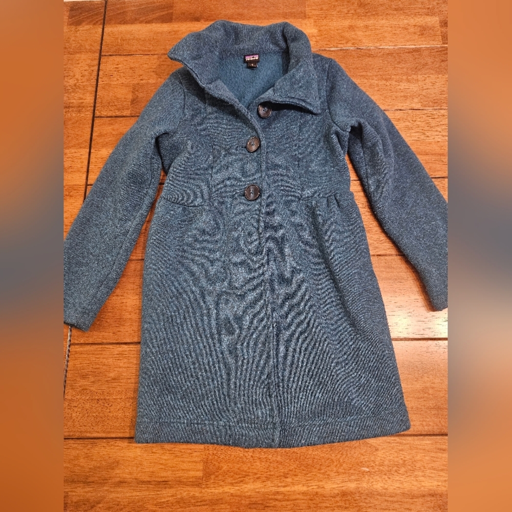 Patagonia Girls Medium Teal Fleece Coat Blue Button Front Jacket Sweater Coat